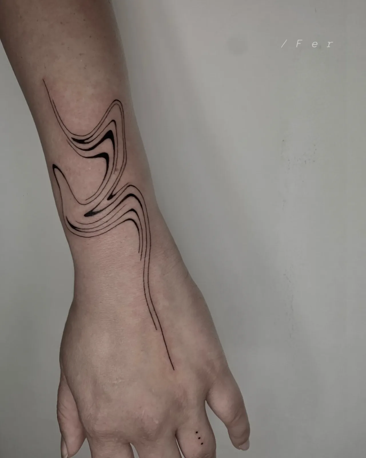Liquid fine-line running down the forearm to the hand, healed, GAR Tattoo