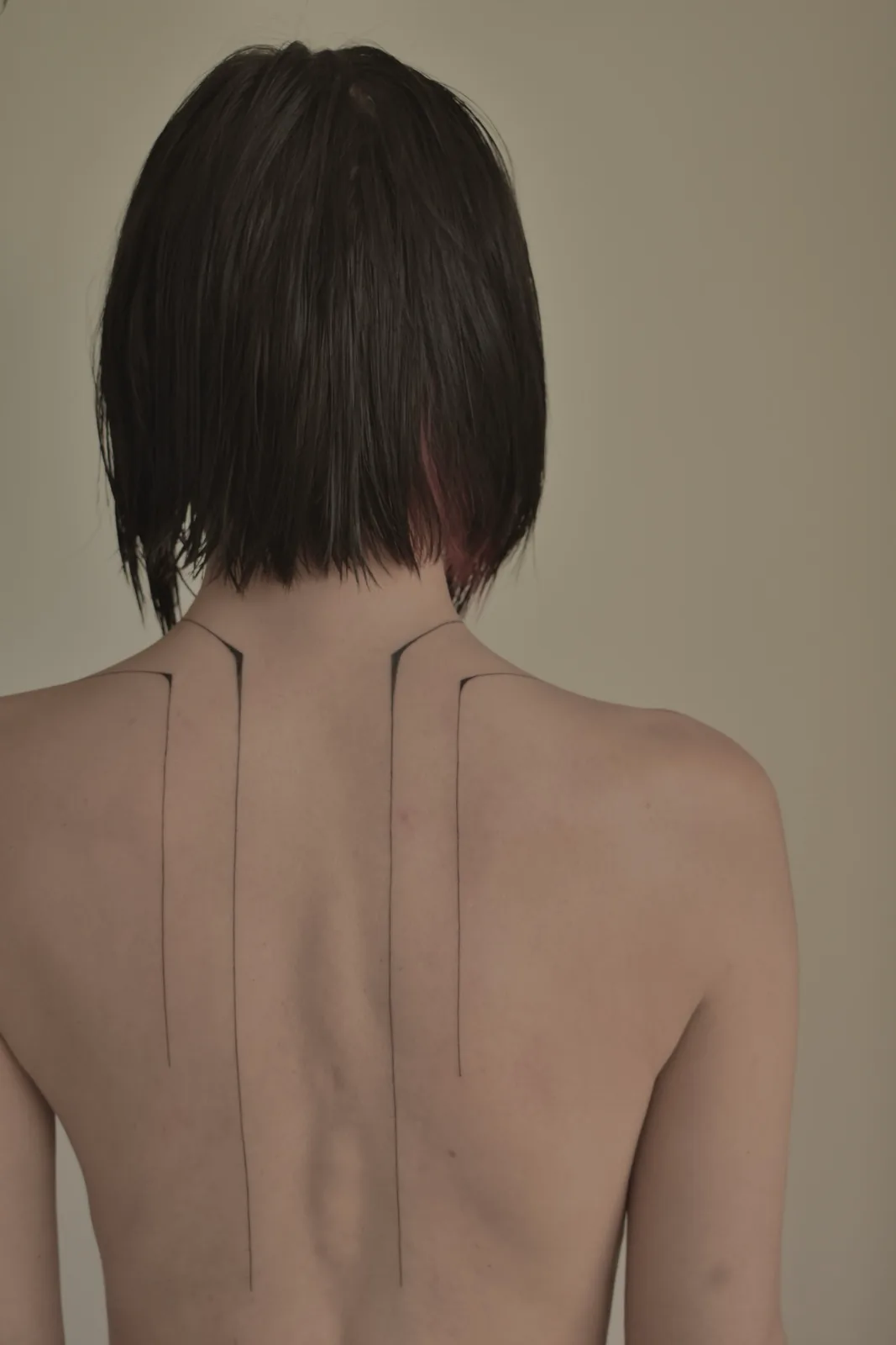Twin fine-line stripes tracing the spine down the back, GAR Tattoo
